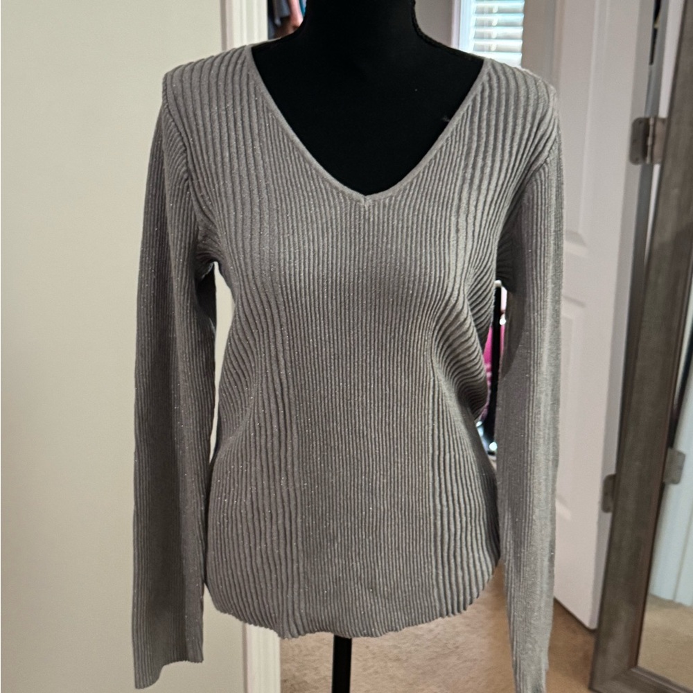 Alfani Gray Metallic Ribbed V-Neck Sweater
